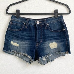 Express Women's Mid Rise Dark Wash Distressed Denim Cutoff Raw Hem Shorts